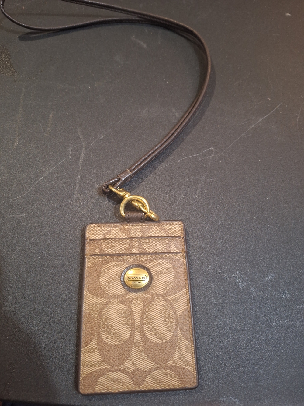 Coach Brown Signature Canvas ID Lanyard with Gold Hardware